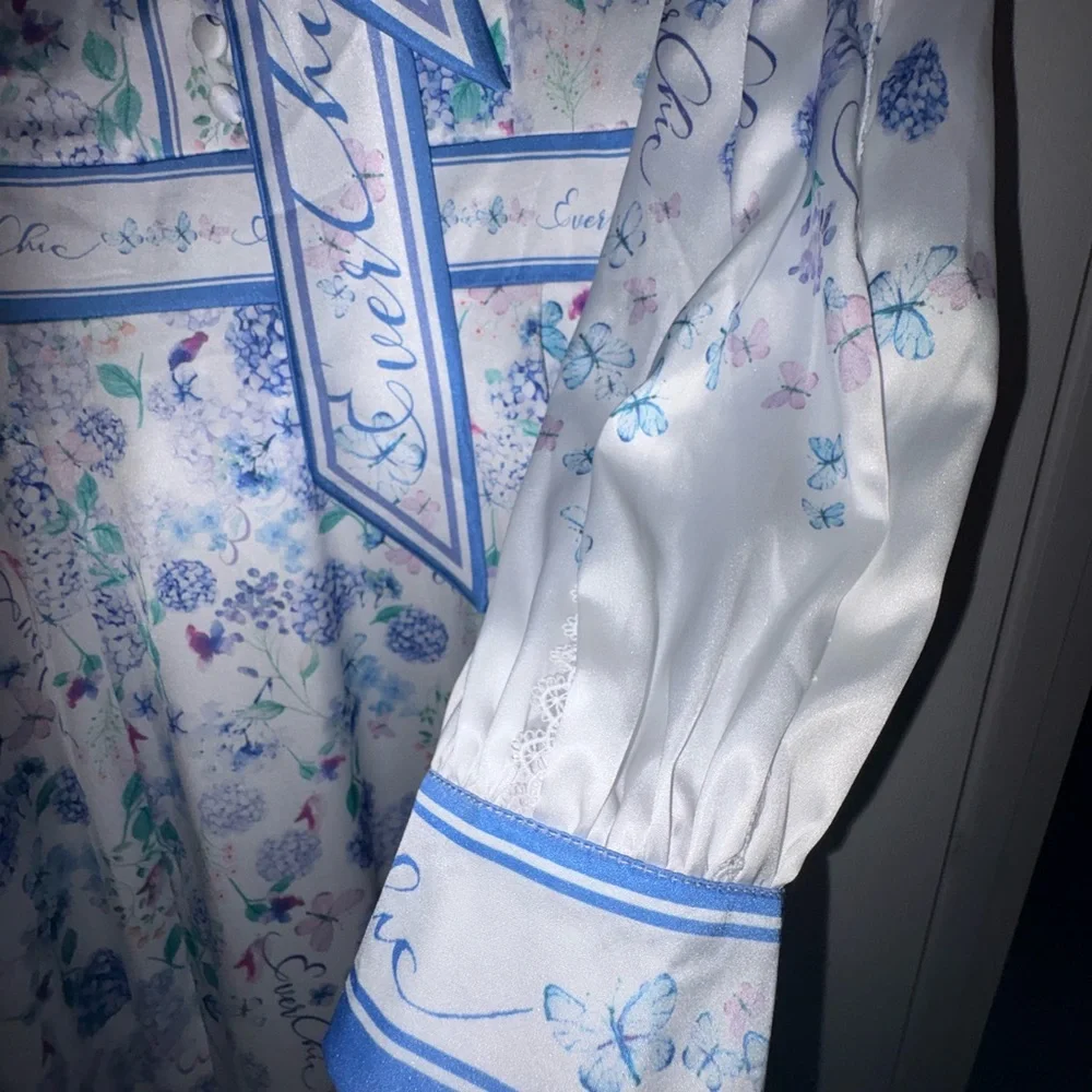 Chic Long Sleeve Floral Dress in Blue and White - Picture 13 of 14
